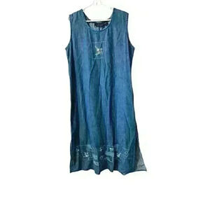 Vintage 90's Denim Dress Long Embroidered Floral Print Women's 1X